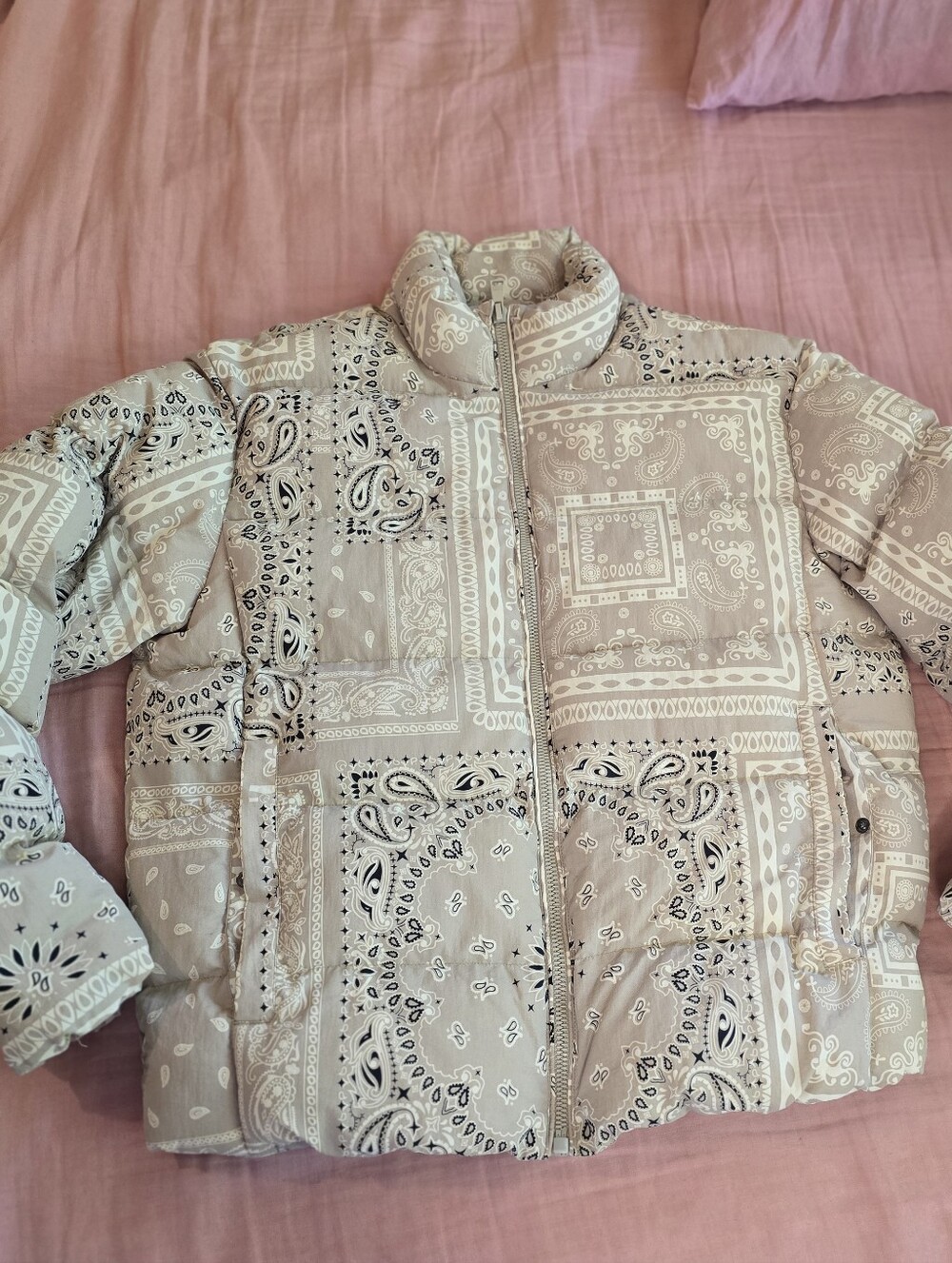 Bandana Print Puffer Jacket - Beige/Taupe